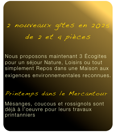  

2 nouveaux gîtes en 2025 
de 2 et 4 pièces

Nous proposons maintenant 3 Écogites pour un séjour Nature, Loisirs ou tout simplement Repos dans une Maison aux exigences environnementales reconnues. 

Printemps dans le Mercantour
Mésanges, coucous et rossignols sont déjà à l’oeuvre pour leurs travaux printanniers